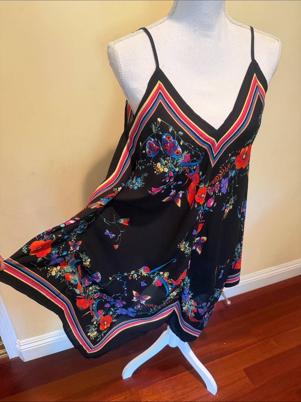 meraki Black Floral Asymmetrical Slip Dress with Multicolor Trim